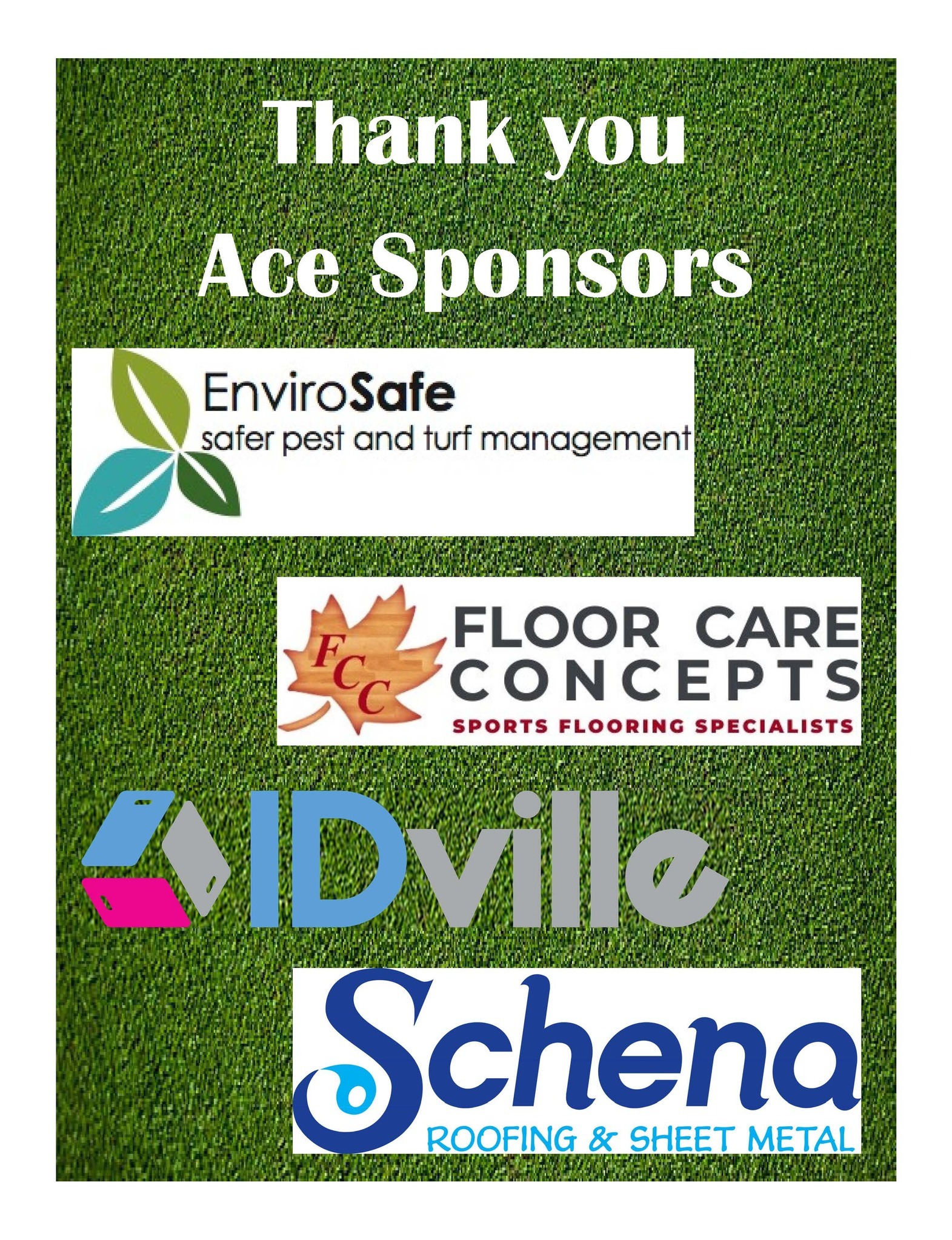 Listing of Ace Sponsors of the 2024 golf outing: EnviroSafe, Floor Care Concepts, IDville and Schena Roofing & Sheet Metal